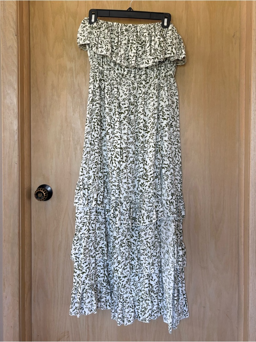 Strapless White Maxi Dress with Green Leaf Print